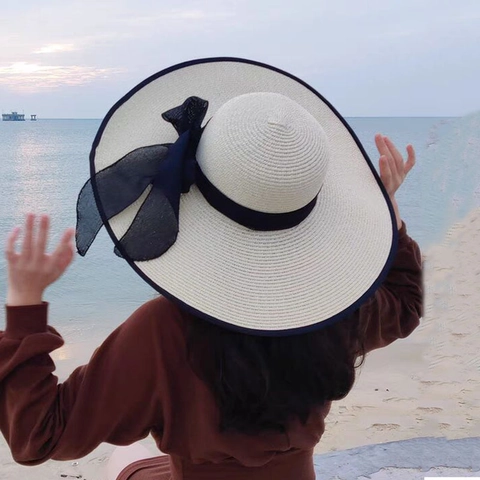 Women Summer Straw Sun Hat Wide Brim Foldable UV Protection Beach Vacation Bow Decor Elegant Breathable Sunshade