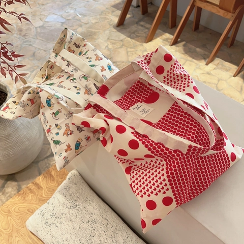 Canvas Tote Bag For Women With Cute Cartoon Dog Print And Red Polka Dot Pattern Large Capacity Cotton Shoulder Handbag