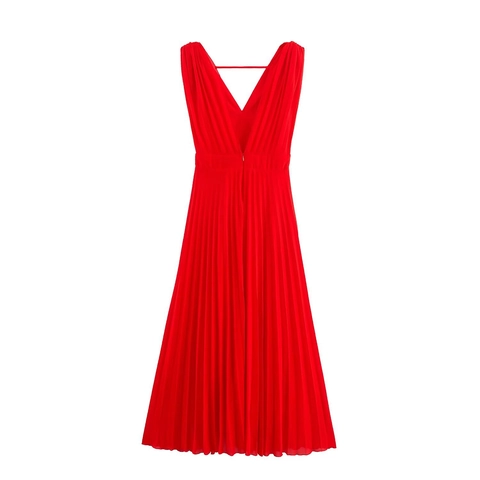 Vestido Midi Plisado Sin Mangas Con Cuello En V Elegante Gasa Color Sólido Moda Ropa Mujer