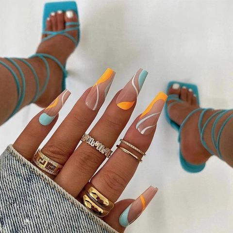 Uñas Postizas Largas Coffin Bloque De Color Naranja Azul Blanco Líneas Onduladas Puntas De Uñas Para Mujeres