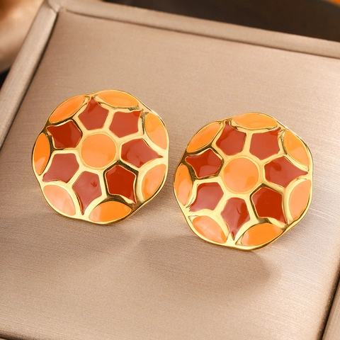 18K Gold Plated Stainless Steel Enamel Stud Earrings For Women Vintage Light Luxury Geometric Football Ear Jewelry Gift