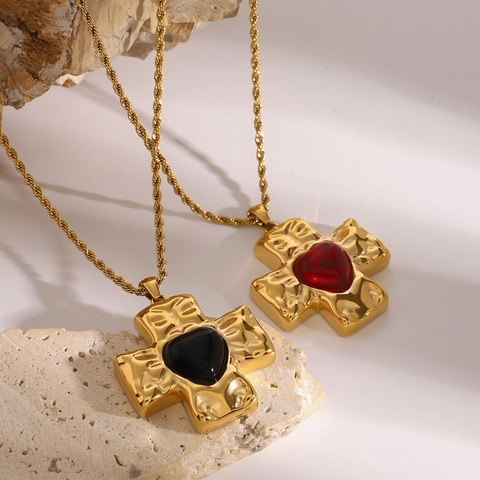 Collier Pendentif Croix Acier Inoxydable Texture Martelée Coeur Pour Femmes Plaqué Or Chaîne Torsadée Bijoux