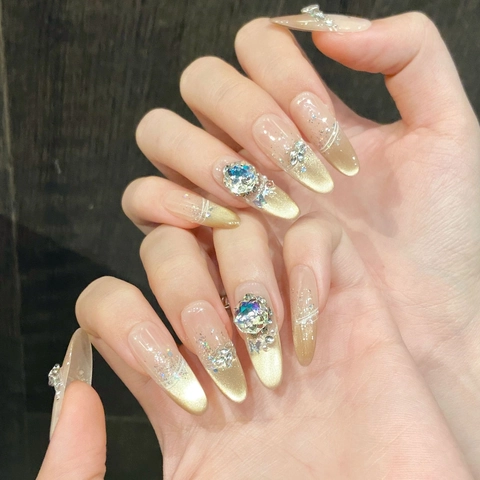 Handmade Luxury Nude Rose Gold Gradient Press On Nails With Rhinestones Cat Eye Effect Long Coffin Oval Fake Nails