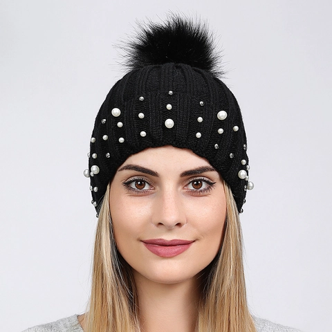 Women Winter Knit Beanie Hat Ribbed With Faux Fur Pom Pom Artificial Pearl And Metal Stud Decorations Warm Elegant Fashionable