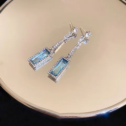 Geometric Rectangular Blue Zircon Long Drop Earrings With 925 Sterling Silver Earring Post Elegant Chic Women Jewelry