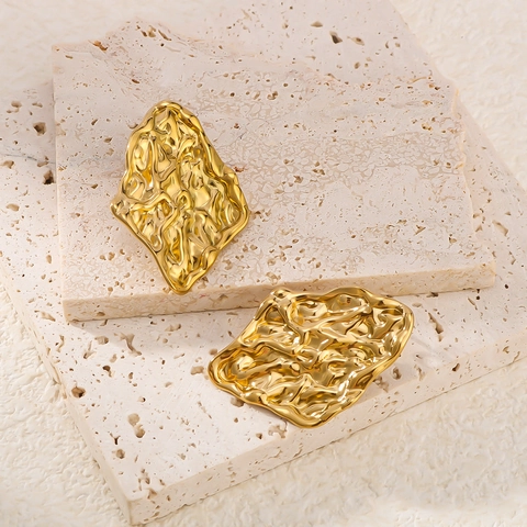 Pendientes de Rombo Plisados Irregulares Acero Inoxidable Chapado en Oro 18K Textura de Ondas Geométricas Para Mujer