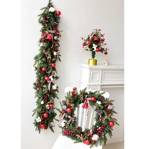 Noorse Luxe Kerstkrans Guirlande PE Bladeren Rode Bessen Dennenappels LED Verlichting Voor Open Haard Trap Decoratie