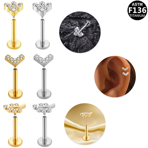 Titanium Internal Threaded Labret Stud With Cubic Zirconia Flat Back Lip Ring Cartilage Tragus Earring Flower Leaf Design
