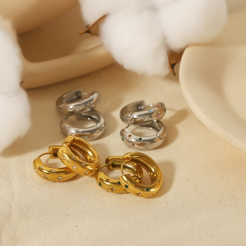 Starburst Star Chunky Hoop Earrings 18K Gold Plated Stainless Steel With Colorful Cubic Zirconia Jewelry For Women