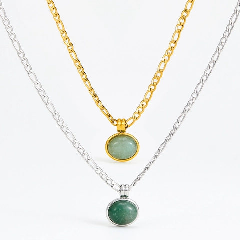 Vintage Roestvrijstalen Hanger Ketting Natuurlijke Aventurijn Steen Figaro Ketting Eenvoudige Elegante Sieraden Voor Dames