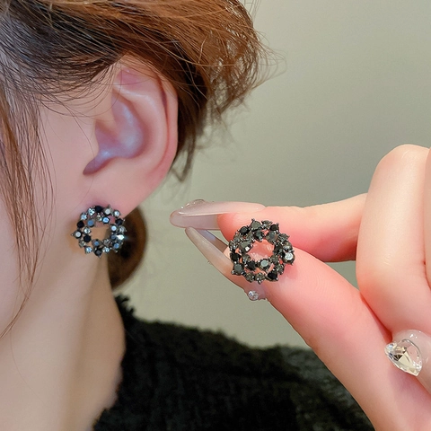 Orecchini A Lobo Circolari Gotici Vintage Con Strass Neri Rame Gioielli Geometrici Perno Orecchino Argento