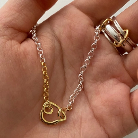 Bracciale Minimalista Con Pendente A Cuore Argento Sterling 925 Catena Maglie Bicolore Oro E Argento Gioielli Da Donna