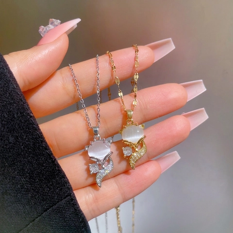 Collana Con Pendente Volpe Catena In Acciaio Al Titanio Rame Intarsiato Zircone Pietra Occhio Di Gatto Gioielli Eleganti