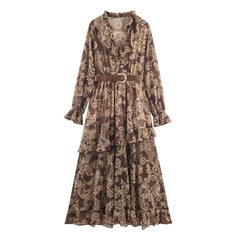Vestito Maxi In Chiffon Con Stampa Paisley Scollo A V Maniche Lunghe E Cintura Stile Bohémien Con Volant Per Donna