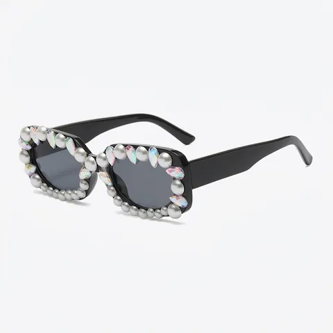 Fashion Square Frame Women Sunglasses With Artificial Pearl And Rhinestone Decorations UV400 Protection Luxury Retro Eyewear