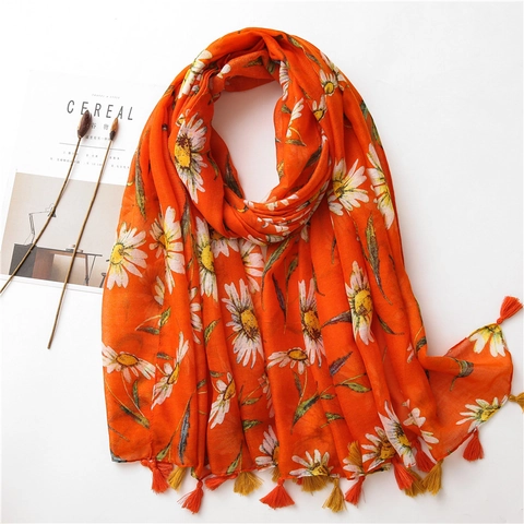 Daisy Floral Print Scarf Shawl Lightweight Polyester Voile Cotton Linen Feel Tassel Fringe Wrap For Women Retro Style