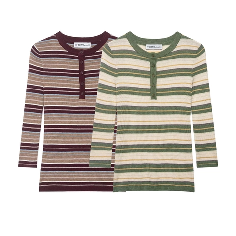 Women Striped Knit Top Long Sleeve Henley Neck Button Contrast Color Ribbed Slim Fit Sweater