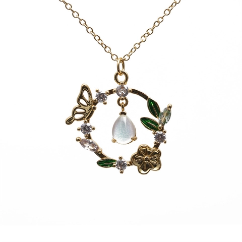 Collier Pendentif Papillon Fleur Cuivre Zircon Émail Goutte D'eau Pierre Bijoux Élégants Pour Femmes