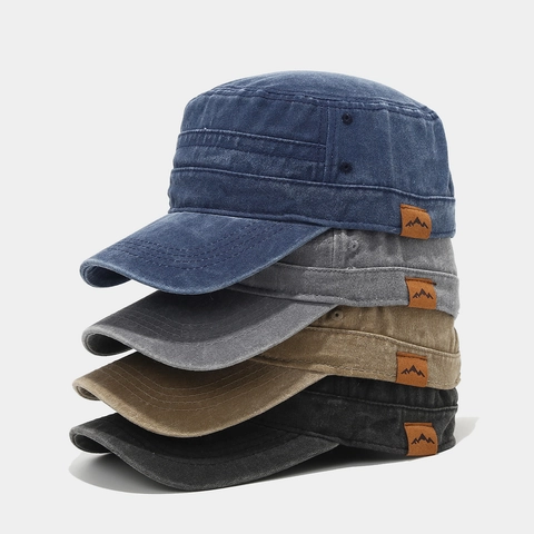 Vintage Washed Cotton Cadet Cap Military Flat Top Hat With Leather Mountain Patch Adjustable Retro Outdoor For Men