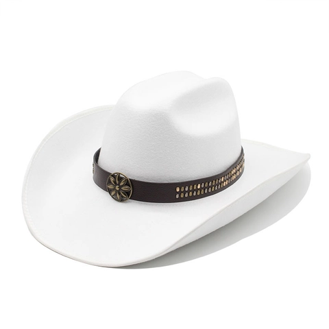 Western Cowboy Hat Wool Felt Wide Brim Retro Ethnic Style With Leather Belt Metal Buckle For Men Women