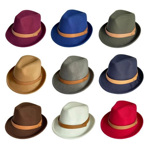 Unisex Vintage Fedora Hat Cotton Polyester Felt Jazz Cap With Decorative Leather Belt And Golden Rivet British Style