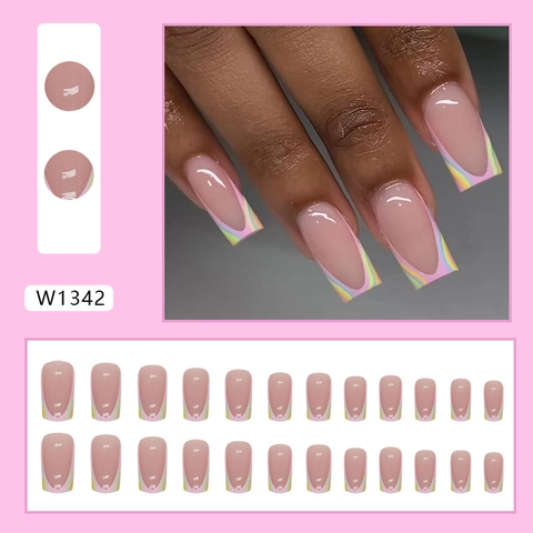 Aurora French Press On Nails Pink Sparkly Pastel Swirl Gradient Medium Long Square Shape Wearable Artificial Fingernails W1342