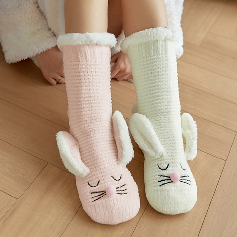 Damen Süße Hasenohren Haussocken Winter Verdickte Warme Flauschige Bodensocken Rutschfeste Lammwolle Gefüttert Schlaf Socken