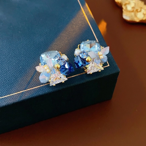 Pendientes De Botón De Mariposa Y Flor Con Cristal Circón Perla Artificial Y Poste De Plata Joyería Azul De Lujo Para Mujer