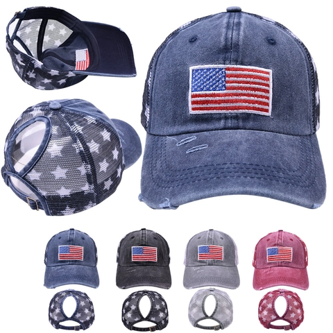 Women Distressed Washed Cotton Ponytail Baseball Cap American Flag Patch USA Embroidery Mesh Star Print Retro Trucker Hat
