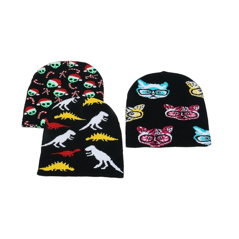 Knitted Beanie Hat Acrylic Warm Winter Dinosaur Cat Alien Cartoon Patterned Skull Cap For Women Men
