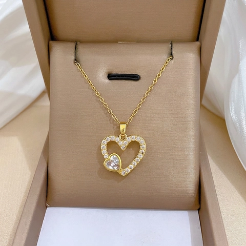 Doppelherz Anhänger Halskette Edelstahlkette Kupfer Mikro Pave Zirkonia Elegante Luxus Schmuck Für Frauen