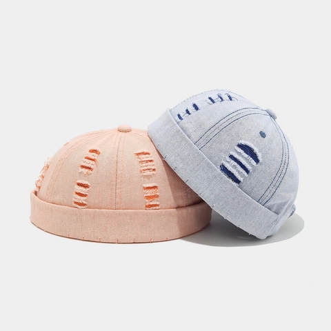 Gorro Docker Para Hombres Mujeres Algodón Denim Distressed Rip Gorra Sin Ala Ajustable Retro Streetwear Color Sólido