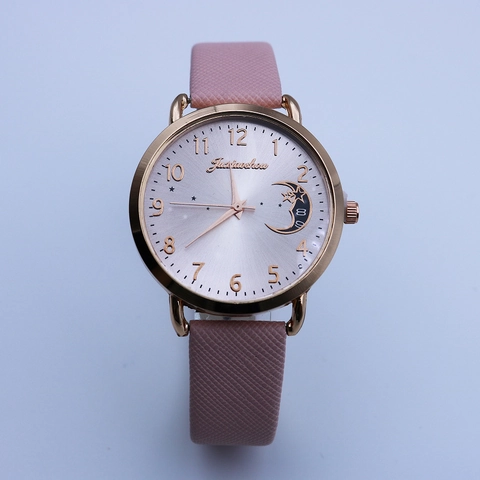 Women Quartz Watch Star Moon Dial Rose Gold Alloy Case PU Leather Strap Fashion Elegant Wristwatch Arabic Numerals