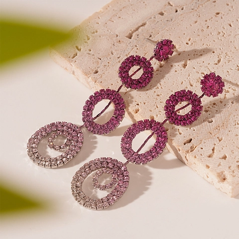 Geometric Circle Drop Earrings Rhinestone Copper Gradient Pink Purple With 925 Sterling Silver Earring Post For Women