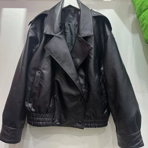 Women Faux Leather Motorcycle Jacket Litchi Grain Dropped Shoulder Lapel Zipper Loose Biker Outerwear Short Coats