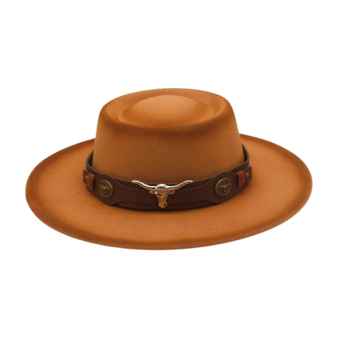 Vintage Western Cowboy Hat Felt Flat Top Wide Brim With Leather Band Metal Bull Head Decoration For Men Women