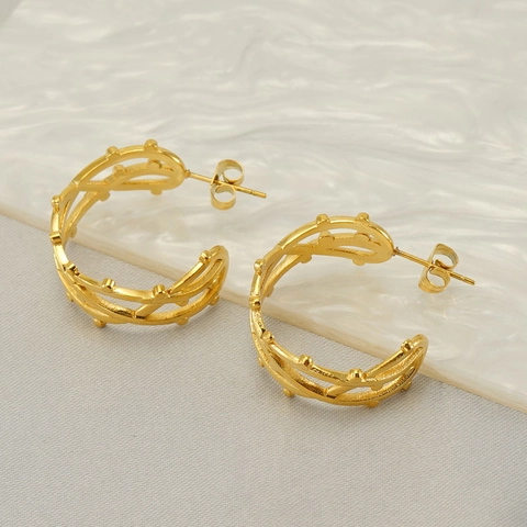 Stainless Steel C Shaped Hoop Earrings Gold Plated Hollow Braided Texture Vintage Boho Geometric Minimalist Jewelry Women