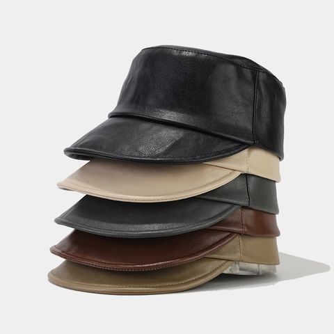 Vintage PU Leather Sun Visor Hat Wide Brim Topless Solid Color For Women Fashion Streetwear UV Protection