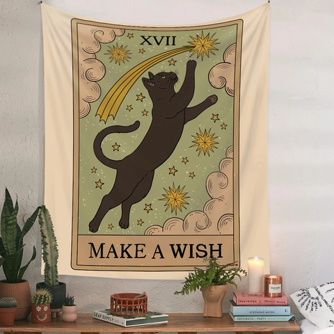 Tarot Kat Wandtapijt Mystiek Maan Zon Sterren Polyester Stof Boho Esthetische Kunst Voor Slaapkamer Woonkamer