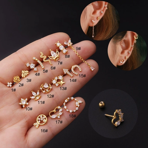 Boucles Oreilles Stud Cartilage Helix Tige Acier Inoxydable Cuivre Zircon Coeur Lune Abeille Étoile Serpent Dos Boule