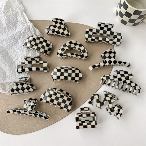 Checkerboard Haarklammer Schwarz Weiß Geometrisch Acetat Haarnadel Rutschfeste Hai Haarspange Für Frauen