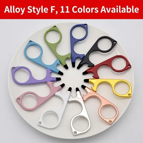 Non Contact Door Opener Keychain Zinc Alloy Touchless Hand Tool With Stylus Tip For Elevator Screen Portable Key Ring