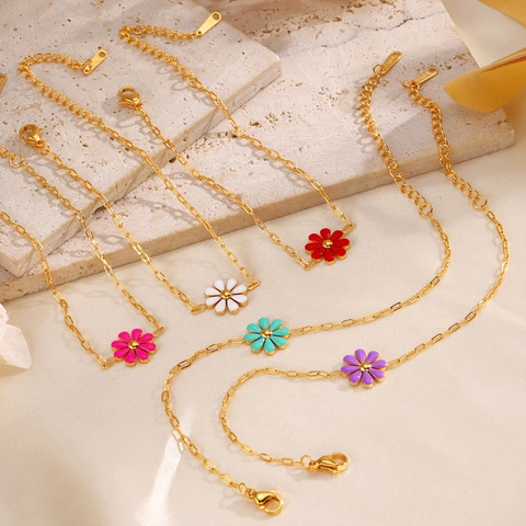 Bracciale Fiore Di Margherita In Acciaio Inossidabile Placcato Oro Smalto Gioielli Floreali Regolabili Per Donne