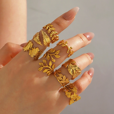 Ginkgo Blatt Olivenzweig Feder Ring 18K Vergoldet Edelstahl Offen Verstellbar Boho Natur Stil Für Damen