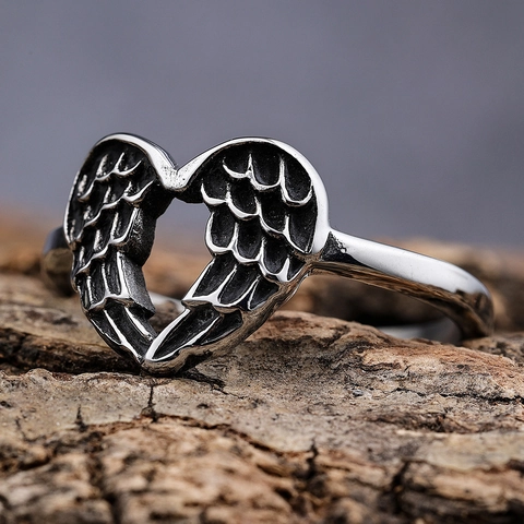 Herz Flügel Ring Edelstahl Hohl Geschnitzte Textur Vintage Gothic Punk Retro Stil Unisex Fingerschmuck