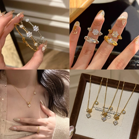 French Vintage Copper Rhinestone Clover Stretch Bracelet Snowflake Adjustable Ring Flower Pendant Necklace Jewelry Set For Women