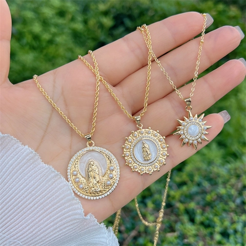 Religious Virgin Mary And Sunburst Pendant Necklace Gold Plated Copper With Cubic Zirconia And Imitation Artificial Pearl Jewelry