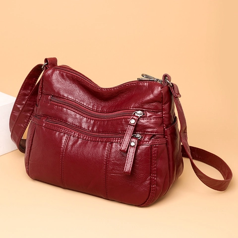 Women PU Leather Crossbody Bag Multi Zipper Pocket Large Capacity Casual Soft Shoulder Handbag Adjustable Strap Solid Color