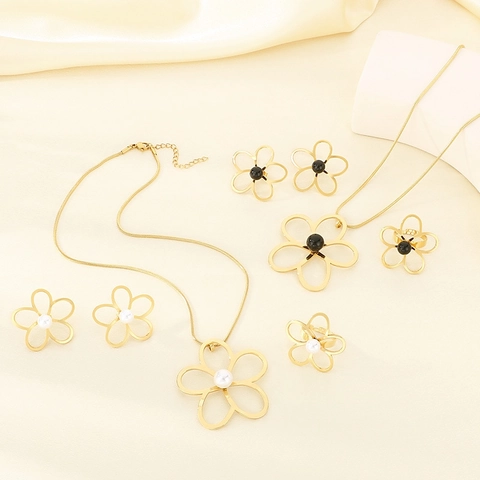 Hollow Flower Necklace Earrings Ring Jewelry Stainless Steel Gold Plated Artificial Pearl Natural Stone Trendy Fashion For Women