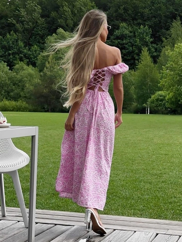 Floral Maxi Dress Off-Shoulder Puff Sleeve Side Split Backless Lace-Up Sweetheart Neck Polyester Summer Vacation Women